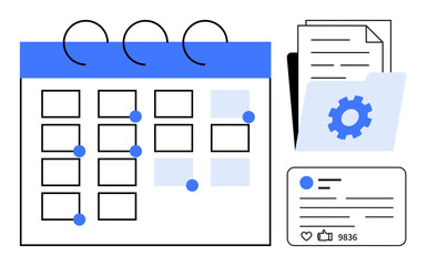 Poster - calendar with marked dates, document folder with gear icon, and social media post stats. ideal for p