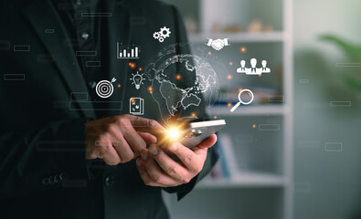 Aufkleber - Businessman using smartphone with global internet connection, digital marketing icons, and data visualization. Great for finance, banking, mobile tech, big data, and smart business concepts.
