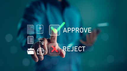 Aufkleber - Approval and rejection interface concept with document icons and finger pressing green check mark. Ideal for digital workflow, decision making, business automation, and document review themes.