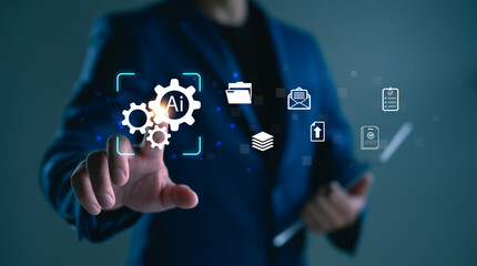 Fototapete - AI document management system concept with businessman touching virtual gear icons and digital file interface. Perfect for automation, paperless workflow, data processing, and smart office.