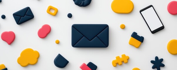 economy consumption digital concept. Colorful icons and shapes depicting communication and messaging concepts on a flat surface.