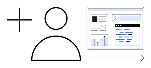 Poster - profile icon, analytics chart, search bar, and text interface interconnected. ideal for user experie