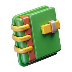 Poster - 3d rendering of a vibrant green notepad with yellow rings and fastener perfect plastic-style icon on a transparent background