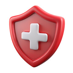 Poster - A 3d rendering of a red shield with a white medical cross featuring a plastic-style icon on a transparent background