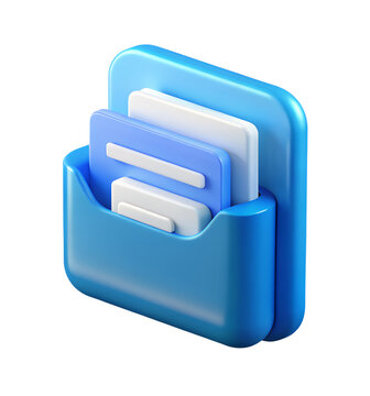 A vibrant 3d rendering featuring a plastic-style icon of documents arranged inside a document holder against a transparent background