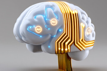 Poster - White artificial brain with golden circuit lines and glowing blue AI nodes representing futuristic intelligence and digital connectivity