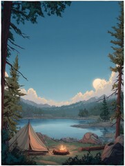 Poster - Relaxing Evening at a Serene Lake With a Cozy Tent and Warm Firepit Surrounded by Nature
