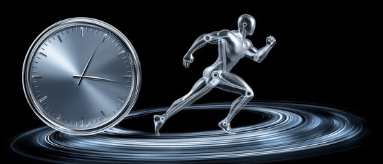 Poster - Time management concept with running human figure and clock symbolizing speed and efficiency in e commerce business growth