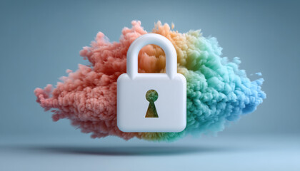 Poster - Cloud security concept with colorful smoke and padlock symbol representing data protection in e commerce