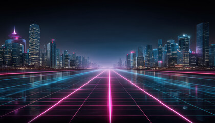 Poster - Futuristic cityscape with neon lights and glowing grid road at night showing e commerce digital technology and modern urban lifestyle