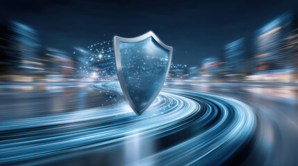 Poster - Digital shield with glowing particles and light trails representing e commerce security and data protection in futuristic city environment
