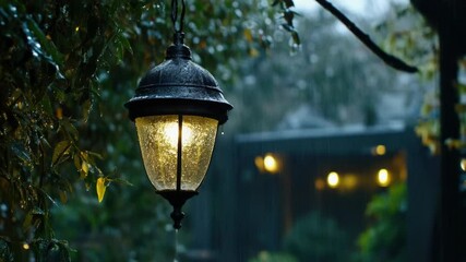 Poster - A lone street light hangs precariously from a tree branch in the rain, highlighting its vulnerability