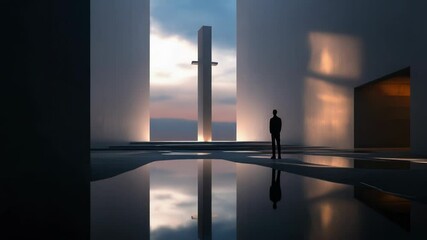 Aufkleber - A person stands in front of a room with a cross in the background, creating a simple and peaceful atmosphere