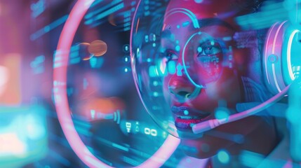 Fototapete - Cyberpunk Woman in Neon Lights