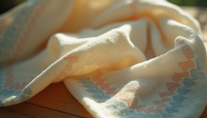 Leinwandbilder - Soft, textured cloth draped on wooden surface, illuminated by warm light, featuring a gentle pattern of pastel shades, conveying a