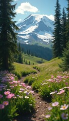 Poster - Tranquil Meadow Path Leading to Snow-Capped Mountain Peak in a Serene Wilderness Landscape
