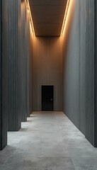 Aufkleber - Interior Hallway with Black Door and Vertical Panel Walls with Subtle Lighting