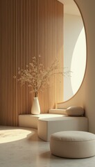 Aufkleber - Serene Interior with Natural Light, Wooden Slats, Minimalist Decor, and Beige Tones for Calm and Peaceful Atmosphere