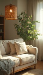 Aufkleber - Sunlit living room with cozy couch, plant in bloom, and wicker pendant lamp casting a warm glow
