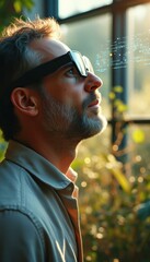 Fototapete - Man Wearing Augmented Reality Glasses, Looking at Futuristic Data in Bright, Natural Light