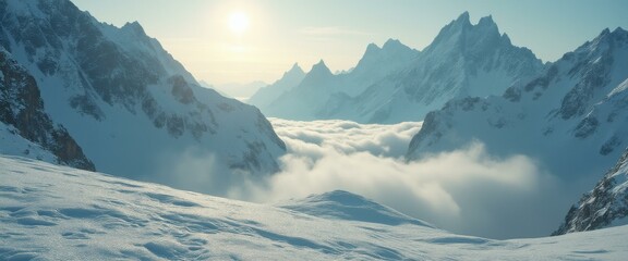Aufkleber - Snowy Mountain Peaks Piercing Through a Sea of Clouds Under a Bright Sun in a Breathtaking Landscape