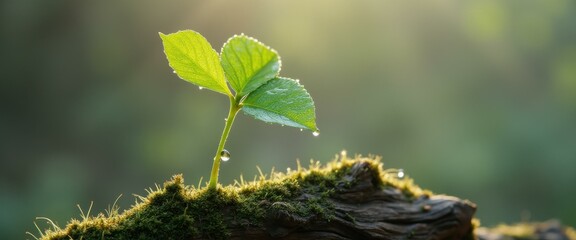 Aufkleber - Young seedling emerging from moss-covered wood, backlit by soft morning light, symbolizing growth, hope, and the beauty of nature