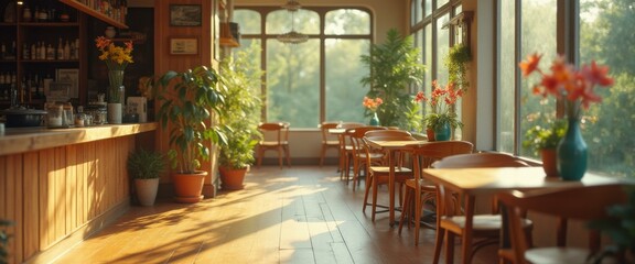 Aufkleber - Tranquil Cafe Interior with Natural Light, Plants, and Wooden Furniture for Cozy Atmosphere