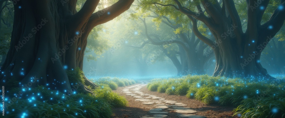 Enchanted forest path with glowing orbs amidst ancient trees and lush ...