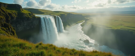 Poster - Majestic waterfall plunges into a misty canyon, illuminated by sunlight, surrounded by verdant hills and plains in a serene landscape