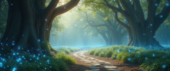 Poster - Enchanted forest path with glowing orbs amidst ancient trees and lush greenery creating a whimsical atmosphere