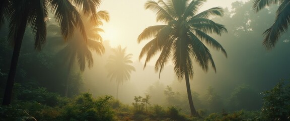 Poster - Misty tropical rainforest with palm trees, lush vegetation, hazy atmosphere, sunlight, serene nature scene, scenic landscape.