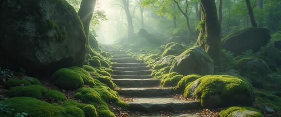 Poster - Stone Steps Leading Through a Verdant, Moss-Covered Forest Under Soft Sunlight