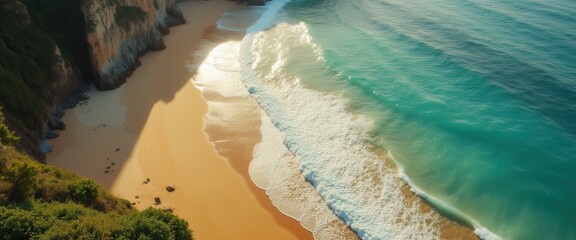 Poster - Scenic Ocean Beach Vista with Golden Sand and Turquoise Water, Rocky Cliffs and Lush Greenery from Above