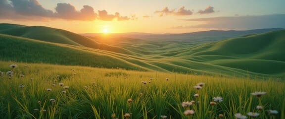 Poster - Rolling hills of green grass and wildflowers under a bright sunset glow in a scenic landscape panorama