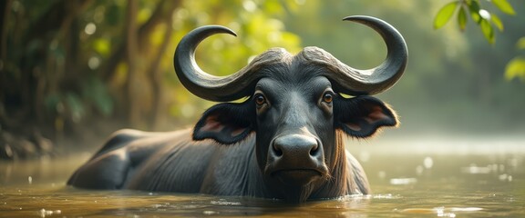 Poster - Serene Cape Buffalo Wallowing in Calm Water, Majestic Horns and Detailed Facial Features