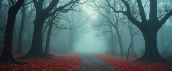 Poster - Enigmatic forest path enveloped in dense fog, lined with imposing trees and a carpet of vivid red leaves, evoking mystery and atmosphere.