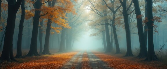 Poster - Misty Forest Path in Autumn with Golden Leaves and Dense Fog Creating an Ethereal Atmosphere