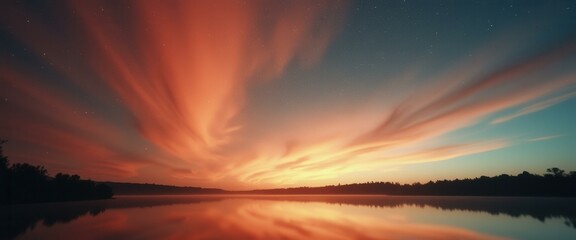 Poster - Serene Lake Reflection at Sunset: A Breathtaking Display of Vivid Colors and Soft Light