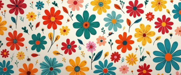 Poster - Colorful Floral Pattern Backdrop with Retro Vibe - Flower Background for Springtime Decor and Festive Celebrations