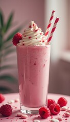 Poster - Raspberry milkshake with whipped cream, sprinkles, and red and white straws on a pink table