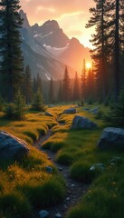 Poster - Serene Sunrise over a Mountain Meadow, Forest Trail Illuminated by the Morning Sun, Beautiful Grassy Landscape