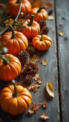 Poster - Thanksgiving autumn harvest display with pumpkins, pine cones and fall leaves on a rustic wooden table, providing a warm and invit