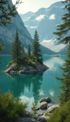 Poster - Serene alpine lake with turquoise water, forested island, and snow-capped mountain peaks under a bright sky
