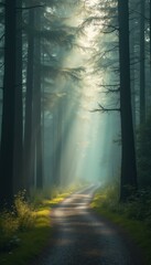 Poster - Serene Forest Path: Sunlight Filtering Through Towering Trees, Creating a Mystical, Tranquil Escape into Nature