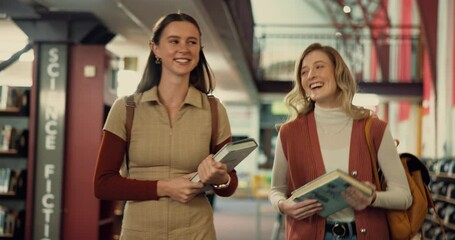Poster - Girl, friends and laugh with books at college, library and happy with funny story, chat or gossip. Women, university student and conversation with comic joke, education and learning for scholarship