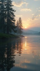 Poster - Serene Lake at Sunset with Misty Mountains and Forest Reflection