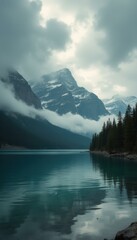 Poster - Majestic mountains and tranquil lake create a serene landscape with crystal clear water and dramatic sky