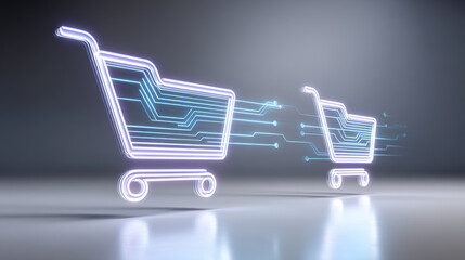 Poster - Digital e commerce concept with glowing shopping cart icons and circuit lines symbolizing online shopping and technology innovation