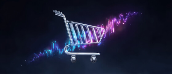 Poster - E commerce concept with glowing shopping cart and colorful digital wave symbolizing online shopping and digital market growth excitement