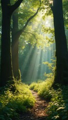 Poster - Sunlit Forest Path: A Serene Journey Through Nature's Embrace